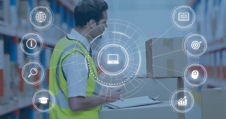 Warehouse worker holding pen over clipboard triggers digital interface while logging inventory - Powered by Adobe