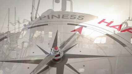 At start, sunlit compass rose rotating dial, pointer sweeping under HAPPINESS, indicating joy - Powered by Adobe