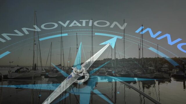 Fading in digital compass overlay over yacht bow, rotating arrow steering toward innovation sector