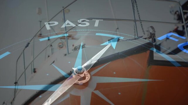 Compass overlay fading in, needle rotating clockwise and shifting focus from PAST toward FUTURE