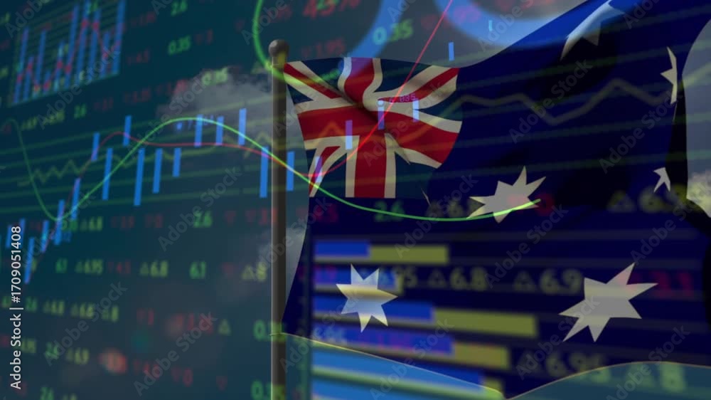 Aufkleber data initiating cgi aus flag waving amid bars pulsing and redrawing line graphs visualizing trends