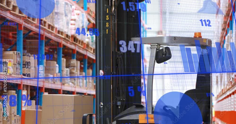 Poster blue analytics grid appearing triggers stand-up forklift advancing as charts displaying metrics