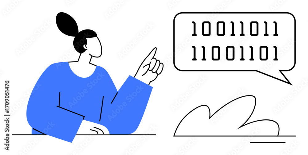 Poster woman pointing upward with binary code in a speech bubble, representing digital communication, codin