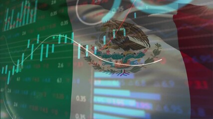 Upon Mexican flag waving candlestick chart showing rising bars shifting red, showing market trends - Powered by Adobe