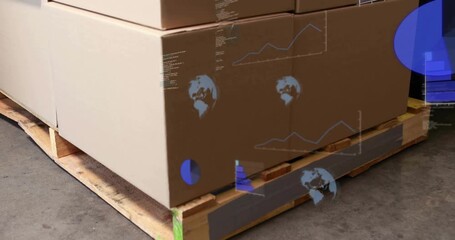 Blue holographic data overlay forming on stacked boxes while camera shifting showing supply trends - Powered by Adobe
