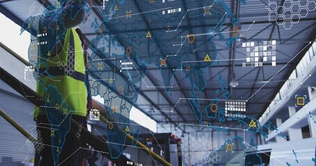 Warehouse operator tapping palm manipulating logistics map highlighting nodes tracing global routes - Powered by Adobe