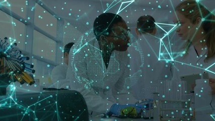 Lead scientist initiating holographic globe appearing over lab bench as colleagues analyzing data - Powered by Adobe