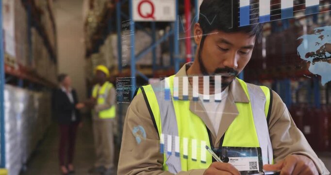 Warehouse worker writing clipboard and visualizing stock with charts and map overlays at racks QRS