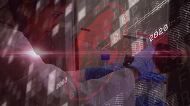 Lab tech grabbing sample bottle pouring into tube guiding pipette with transparent data overlay