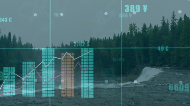 Cyan grid fading over river, bars rising sequentially, lines plotting and updating market data
