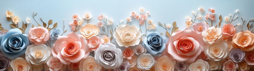 Pastel paper roses wall, pink white blue purple cream, elegant wedding backdrop, party decor background