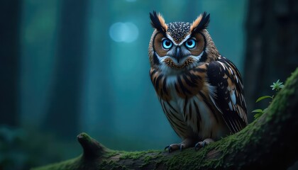 A striking owl with piercing blue eyes perched on a mossy branch in a mystical forest setting