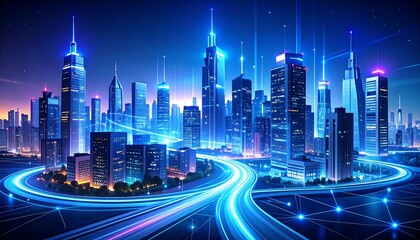 A futuristic cityscape glows with blue light. Illuminated skyscrapers are connected by glowing lines. Highways weave through the city at night