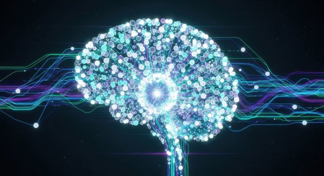 Digital Brain Neural Network Illustration with Glowing Lights and Data Streams