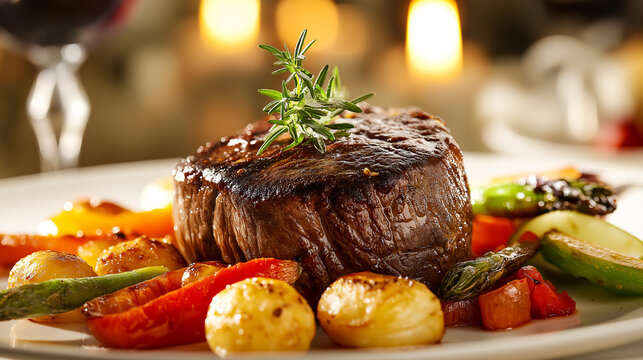 Gourmet steak dinner with rosemary garnish, roasted vegetables, and elegant plating in warm fine dining ambiance—ideal for restaurant menus, culinary blogs, and food advertising.