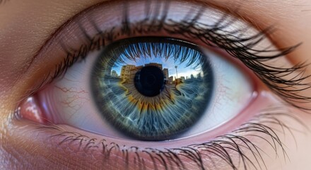 Fototapeta premium Extreme macro close-up of a beautiful human eye with a city scene reflected in the pupil. A concept for vision, perception, technology, and seeing the world.