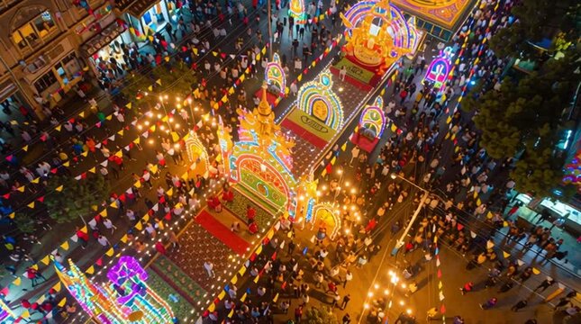 City adorned with colorful lights and bustling crowds during Durga Puja festivities in a vibrant nighttime celebration