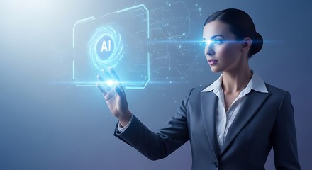 Focused businesswoman interacts with futuristic AI interface in a modern office environment, showcasing technological advancement and innovation.