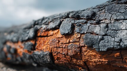 Macro shot of charred wood texture with cracked black bark revealing orange wood underneath, showing a natural, rustic surface
