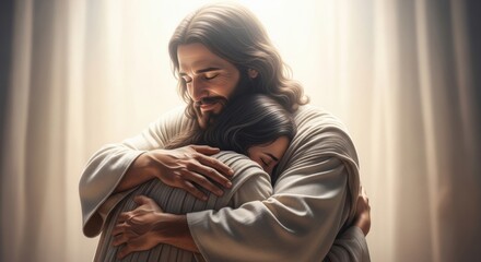 A loving depiction of Jesus Christ embracing a woman with compassion and peace. A religious illustration of divine comfort, forgiveness, and hope.