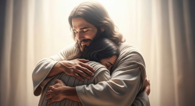A loving depiction of Jesus Christ embracing a woman with compassion and peace. A religious illustration of divine comfort, forgiveness, and hope.