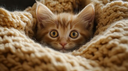 Cute kitten wrapped in cozy blanket