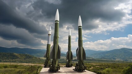 Towering military missiles stand ready on launch platforms beneath a dramatic stormy sky, symbolizing defense readiness, modern warfare technology, immense power of strategic missile systems in combat