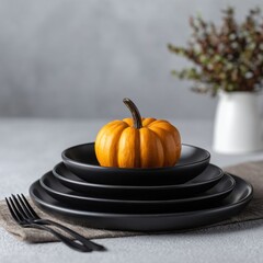 Small orange pumpkin with dark stem placed on black ceramic plates stacked on gray surface with white vase and plant in background for seasonal fall celebration decor