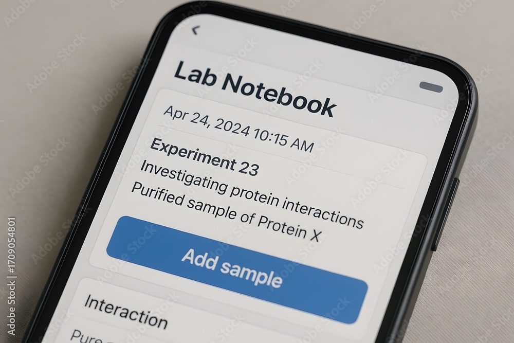 Poster a close-up shot of a smartphone displaying a lab notebook entry.