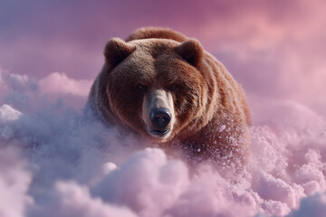 Brown bear walking through pink fog with intense expression in natural wildlife environment