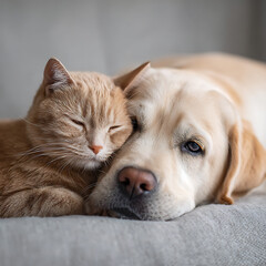 Peaceful light brown cat and cream colored dog resting closely together on soft gray surface, showing calm affection
