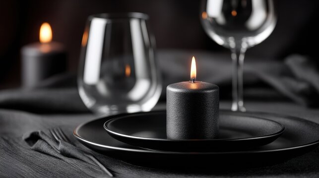 Elegant romantic dinner setting with lit candle on black plate surrounded by wine glasses and dark cloth for intimate celebration or special occasion