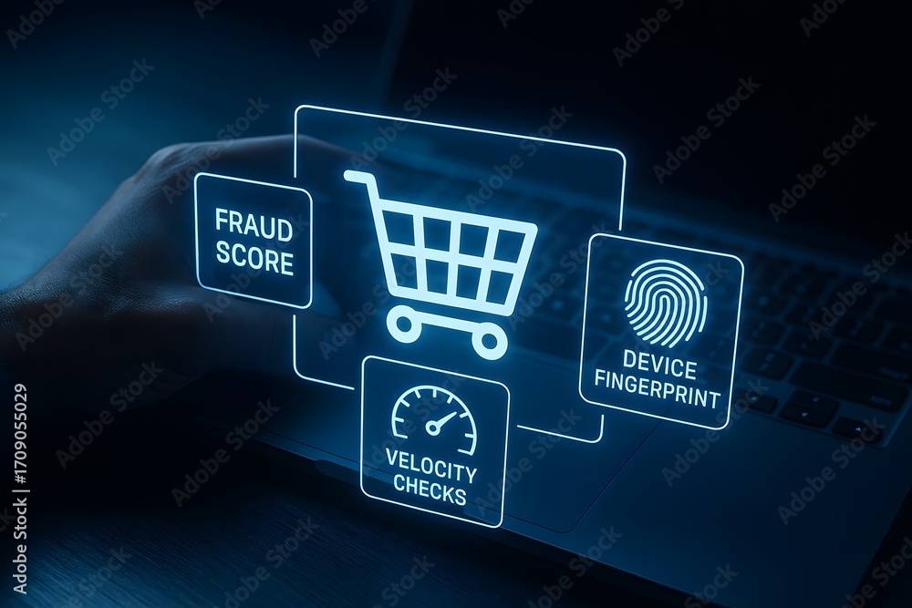 Poster online shopping cart with security elements and a person's hand using a laptop.