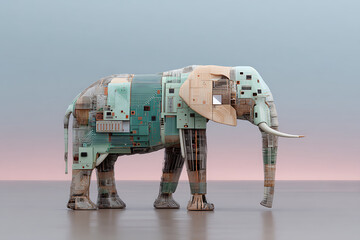 Elephant sculpture made of electronic circuit board parts with pastel colors and futuristic design on smooth surface