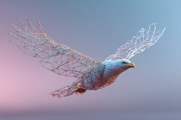 Wireframe eagle sculpture flying with detailed head and beak in soft pink and blue light