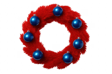 Red christmas wreath with blue ornaments on transparent background