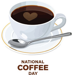 Steaming coffee cup with heart foam art celebrates National Coffee Day and morning comfort