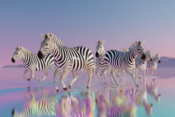 Zebra herd running on reflective water surface with pastel sky background creating surreal and peaceful atmosphere