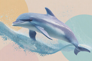 Dolphin jumping with splash of water in front of colorful abstract background, lively and dynamic marine scene