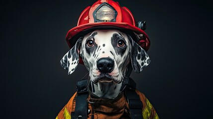 Dalmatian in firefighter outfit