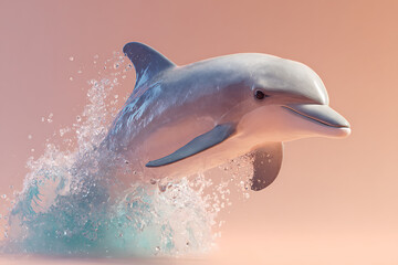 Dolphin jumping out of water with splash and soft pink background, lively marine animal in motion