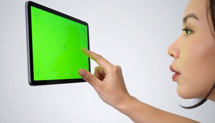 A person with Asian features interacts with a tablet displaying a chroma key green screen. Touchscreen technology is in focus