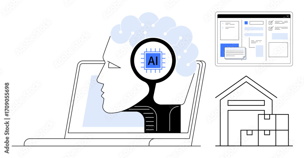 Poster human head with ai chip overlaid on laptop, warehouse with boxes, and web interface. ideal for ai in