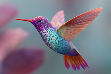 Colorful hummingbird with iridescent feathers and translucent wings flying soft blurred background, vibrant and delicate bird