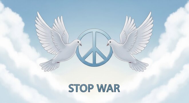 An anti-war illustration with the message "STOP WAR," featuring two peace doves and a peace symbol against a cloudy sky.