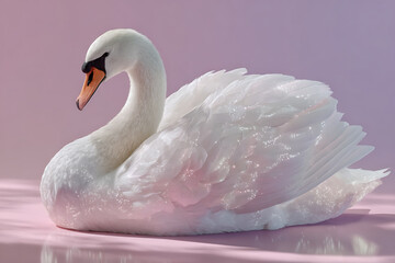 White swan with elegant feathers and orange beak resting reflective surface with soft pink background, peaceful and graceful
