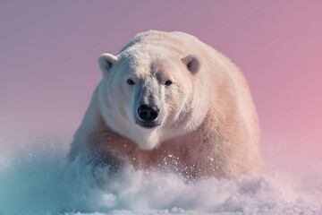Polar bear running in snow with pink sky background, powerful wild animal in cold environment with dynamic motion