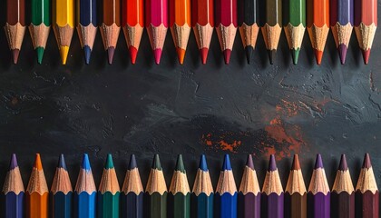 Colorful pencils arranged on a dark surface