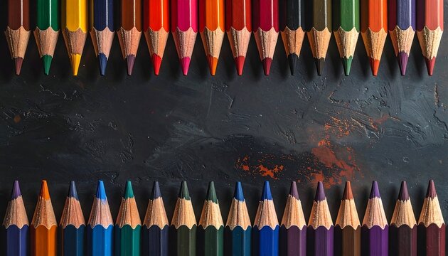 Colorful pencils arranged on a dark surface