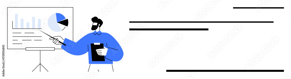 Poster person pointing at chart with pie and bar graph on screen while holding clipboard. ideal for busines